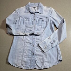 Guess Womens Light Wash Denim Chambray Button Down Shirt XS Blue Long Sleeve